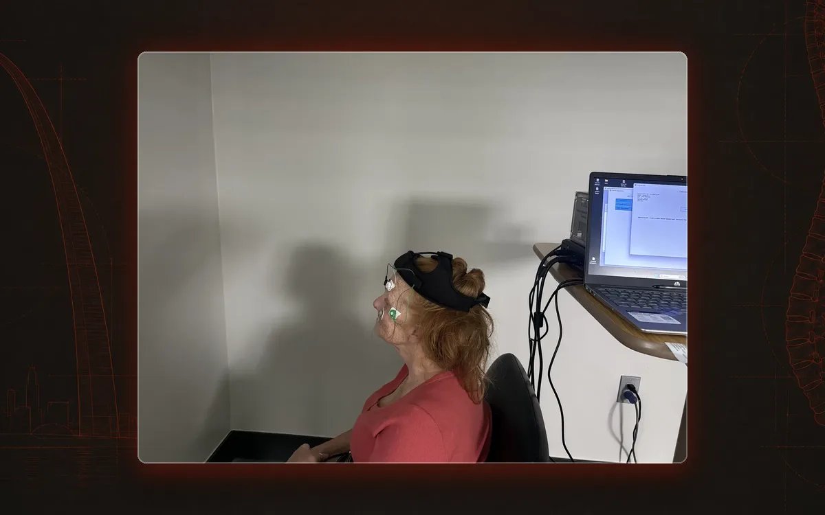 A patient wearing video goggles during vestibular balance testing.