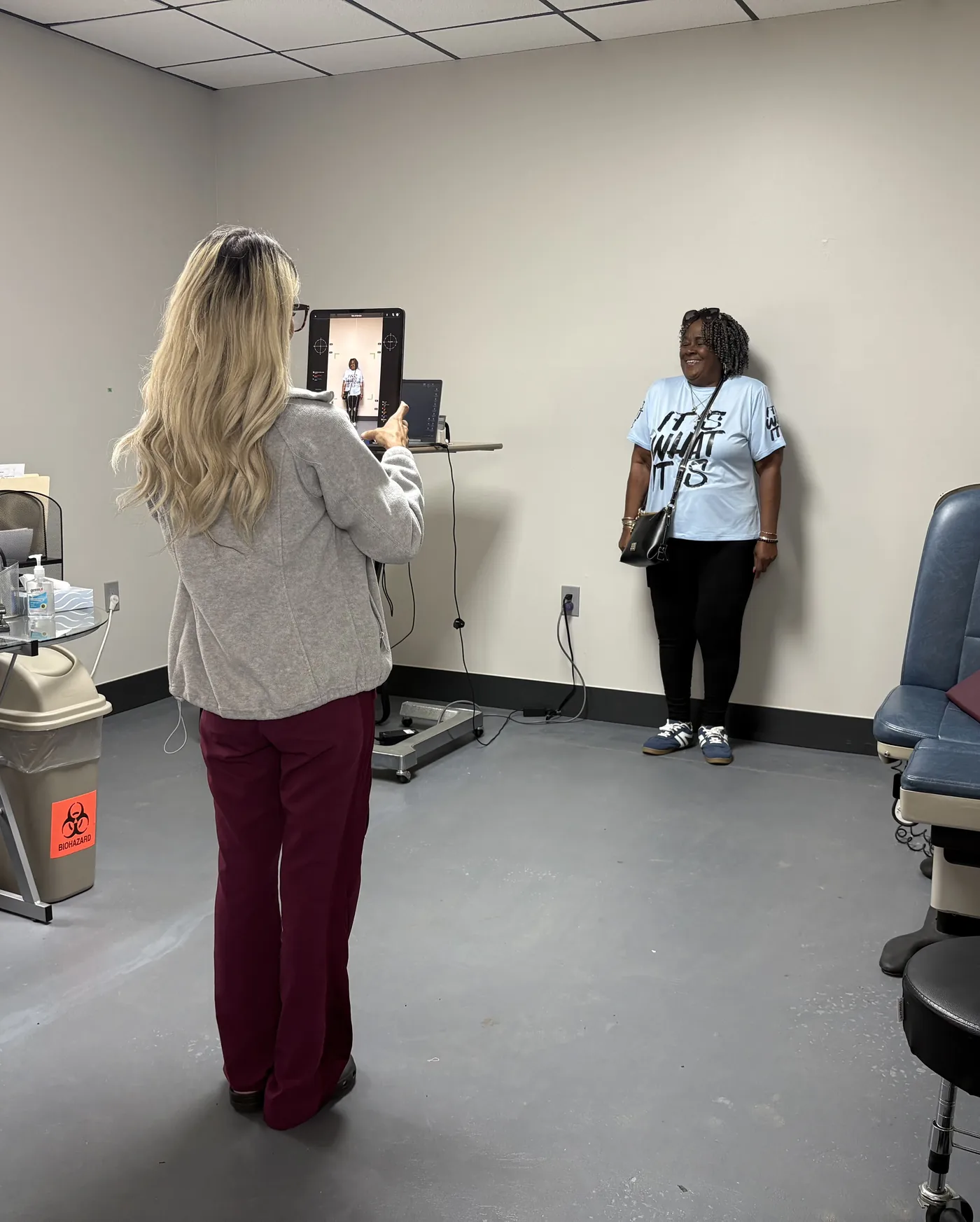 Kinetisense gait and balance capture with the patient standing across the exam room from the clinician